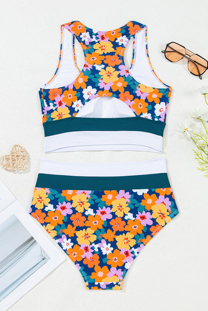 Green Floral Print Racerback High Waist Bikini Swimwear