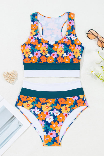 Green Floral Print Racerback High Waist Bikini Swimwear