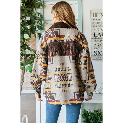 Desert PlainsVintage Pattern Thick Knit Fringe Shacket