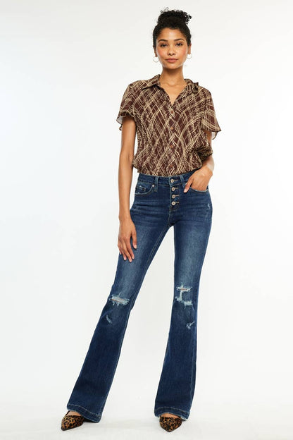 Kan Can USA - MID RISE BUTTON UP DISTRESS FLARE JEANS