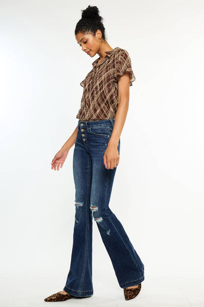 Kan Can USA - MID RISE BUTTON UP DISTRESS FLARE JEANS