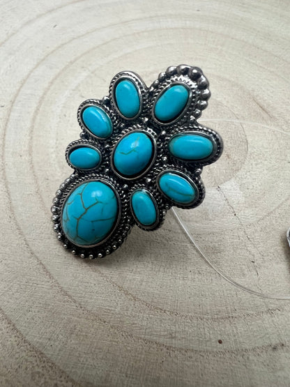 Faux Turquoise Cluster Statement Size Cuff Ring - Adjustable Sizing