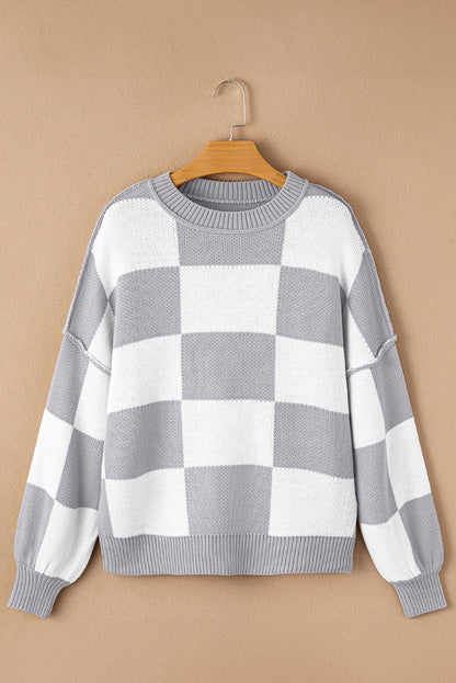 Dark Brown Plaid Bishop Sleeve Pullover Sweater