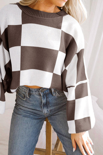Dark Brown Plaid Bishop Sleeve Pullover Sweater