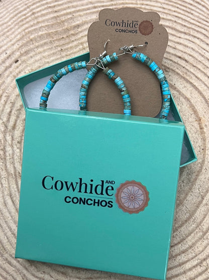 Hoop Earrings With Turquoise, Spiny Oyster & Sterling Silver Pearls - 2 1/4 inch hoops
