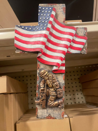 US Flag Praying Solider Cross