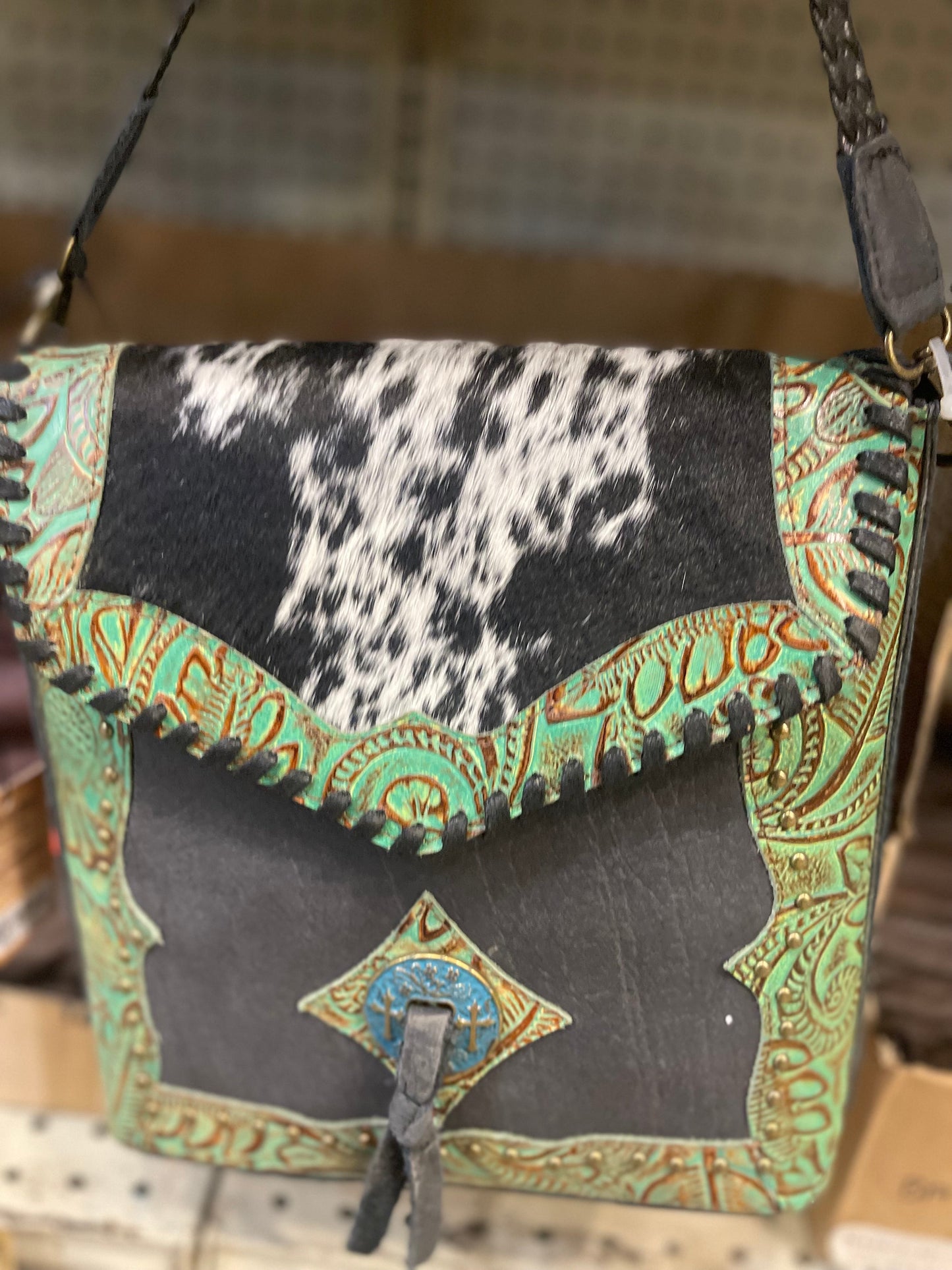 Cowhide Tooled Turquoise Concho Purse
