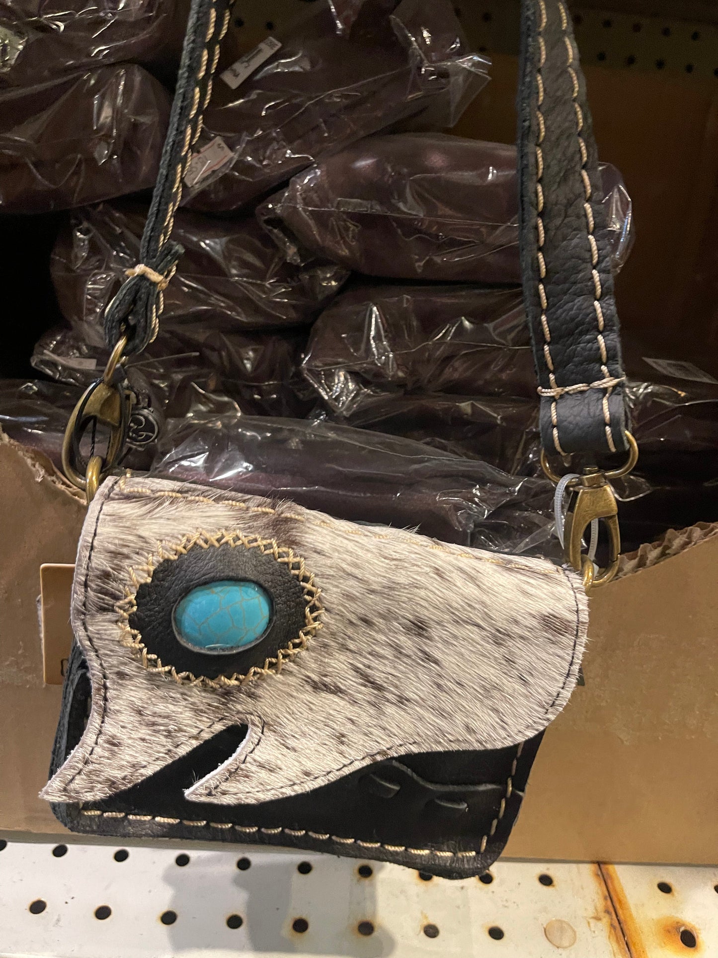 Cowhide Turquoise Stone Mini Crossbody Purse