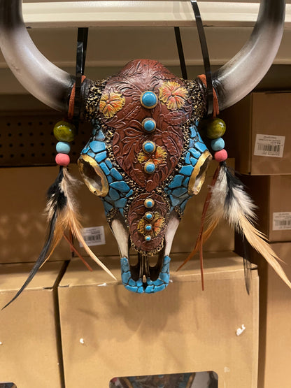 Turquoise Leather Feather Cowskull