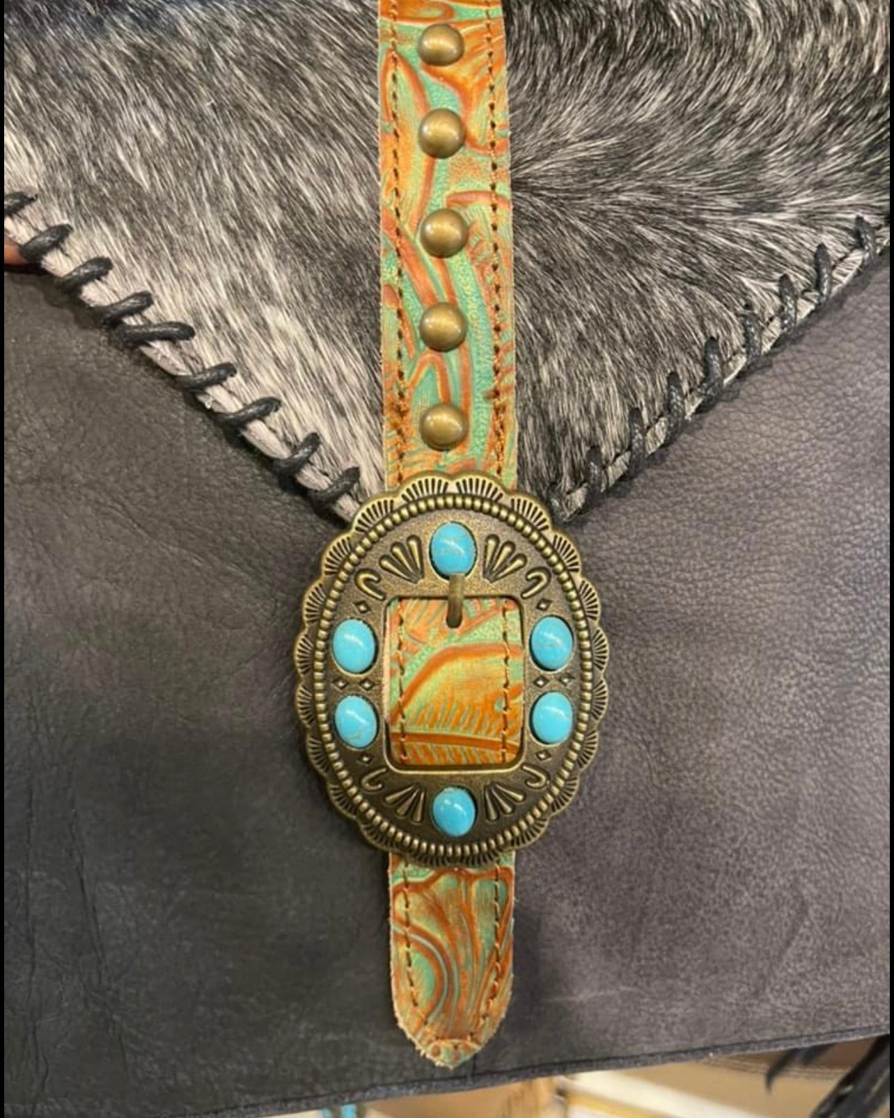 Turqouise Stone Cowhide Belt Buckle Purse