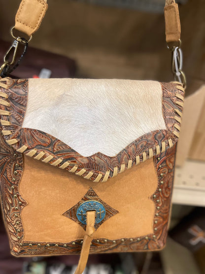 Cowhide Tooled Turquoise Concho Purse