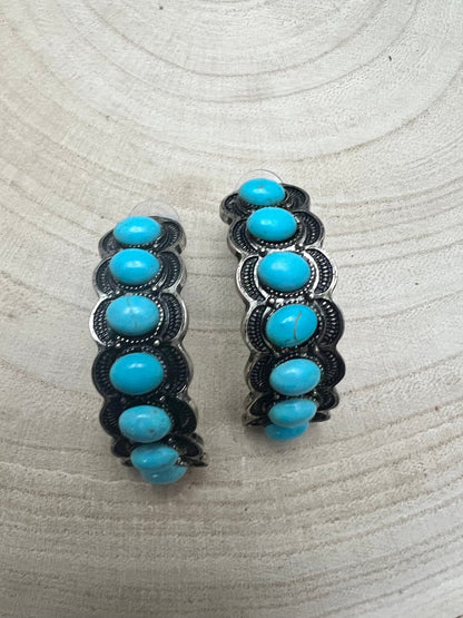 Large Western Faux Turquoise Hoop Earrings - 2 inch hoop