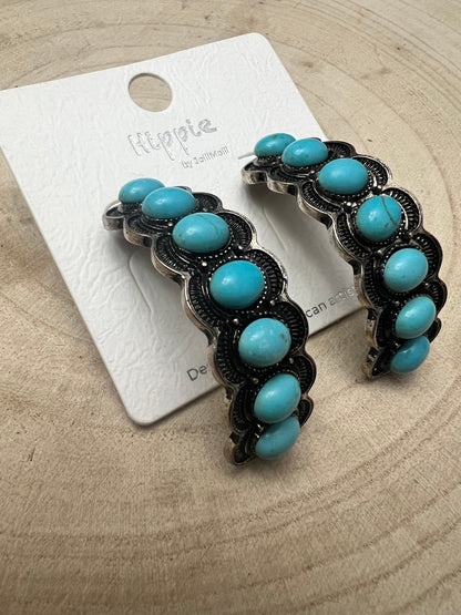 Large Western Faux Turquoise Hoop Earrings - 2 inch hoop