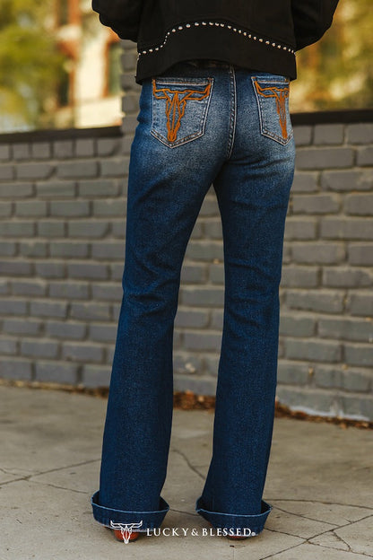 Logo Mid Wash High Rise Camel Embroidered Back Pocket Bootcut Jeans