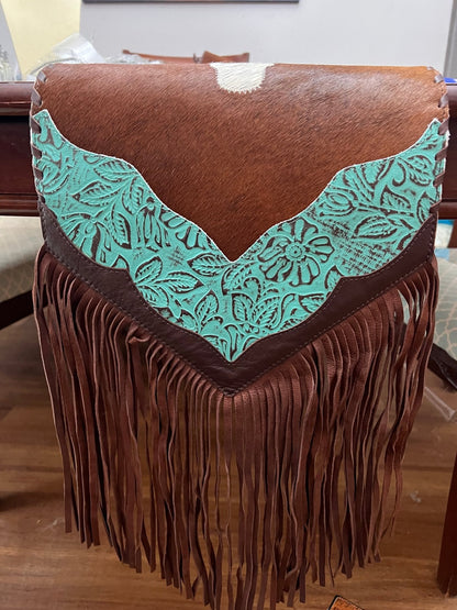 Longhorn Table Runner with Turquoise colored Embossed Leather and Fringes