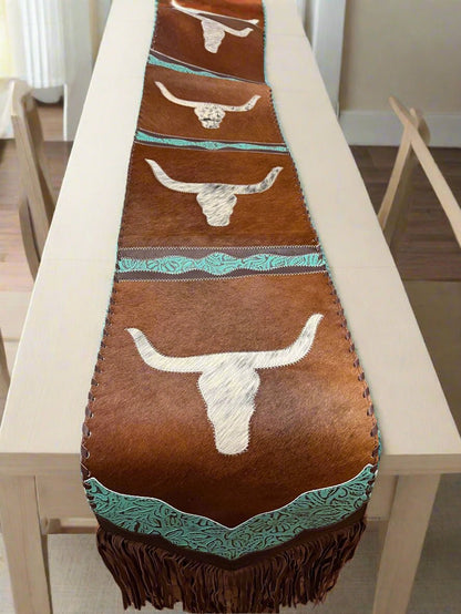 Longhorn Table Runner with Turquoise colored Embossed Leather and Fringes