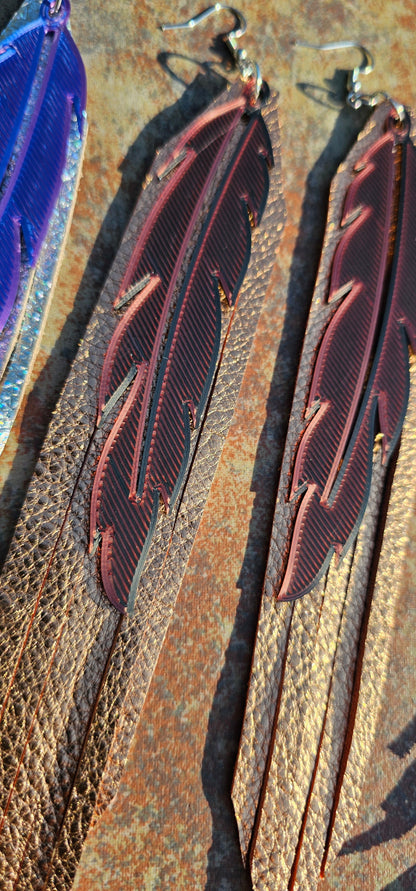 3D Printed Feather Leather Fringe Earrings Made in America