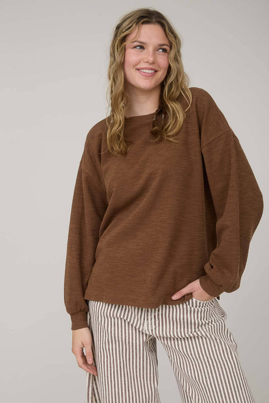 Round Up Raw Edge Marled Knit Top - Brown or Oatmeal