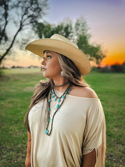 Long Faux Turquoise Nugget and Sterling Pearl Statement Necklace - 48 inch