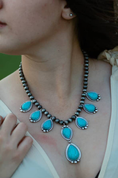 Western Teardrop Faux Turquoise & Faux Sterling Pearl Necklace — 16 Inch Southwestern Pendant