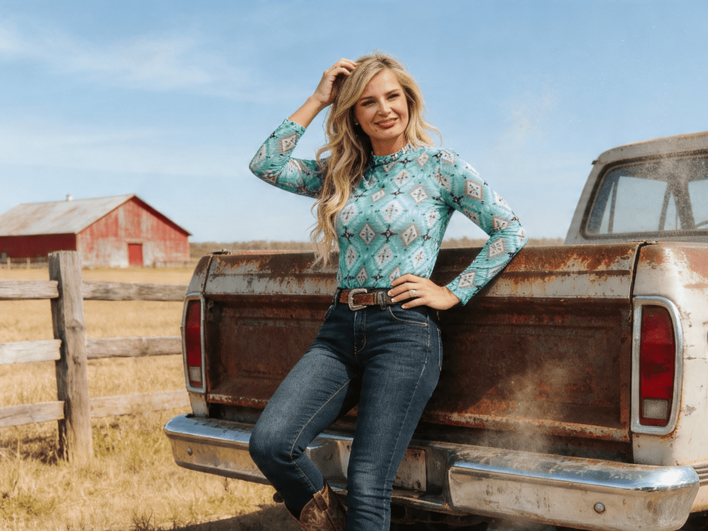 Turquoise Aztec Printed Long Sleeve Mesh Tops