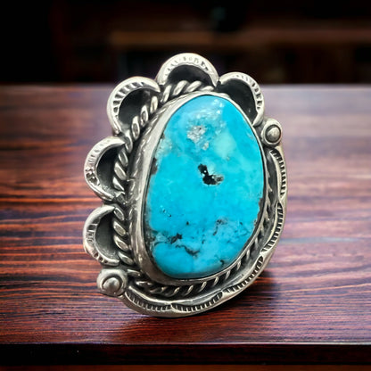 Turquoise Ring - Gorgeous Blue & Hand stamping on Sterling - Size 7