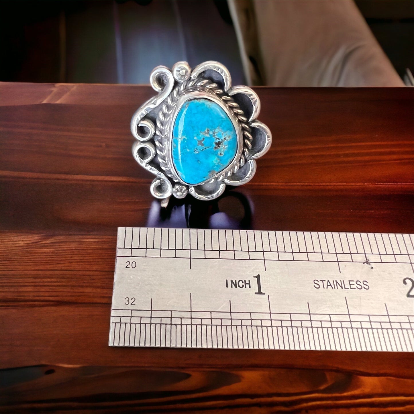 Turquoise ring - gorgeous cabochon on hand stamped sterling - Hallmark RJ - size 7
