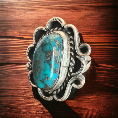 Turquoise ring - gorgeous large cabochon on sterling flower shaped base - size 7