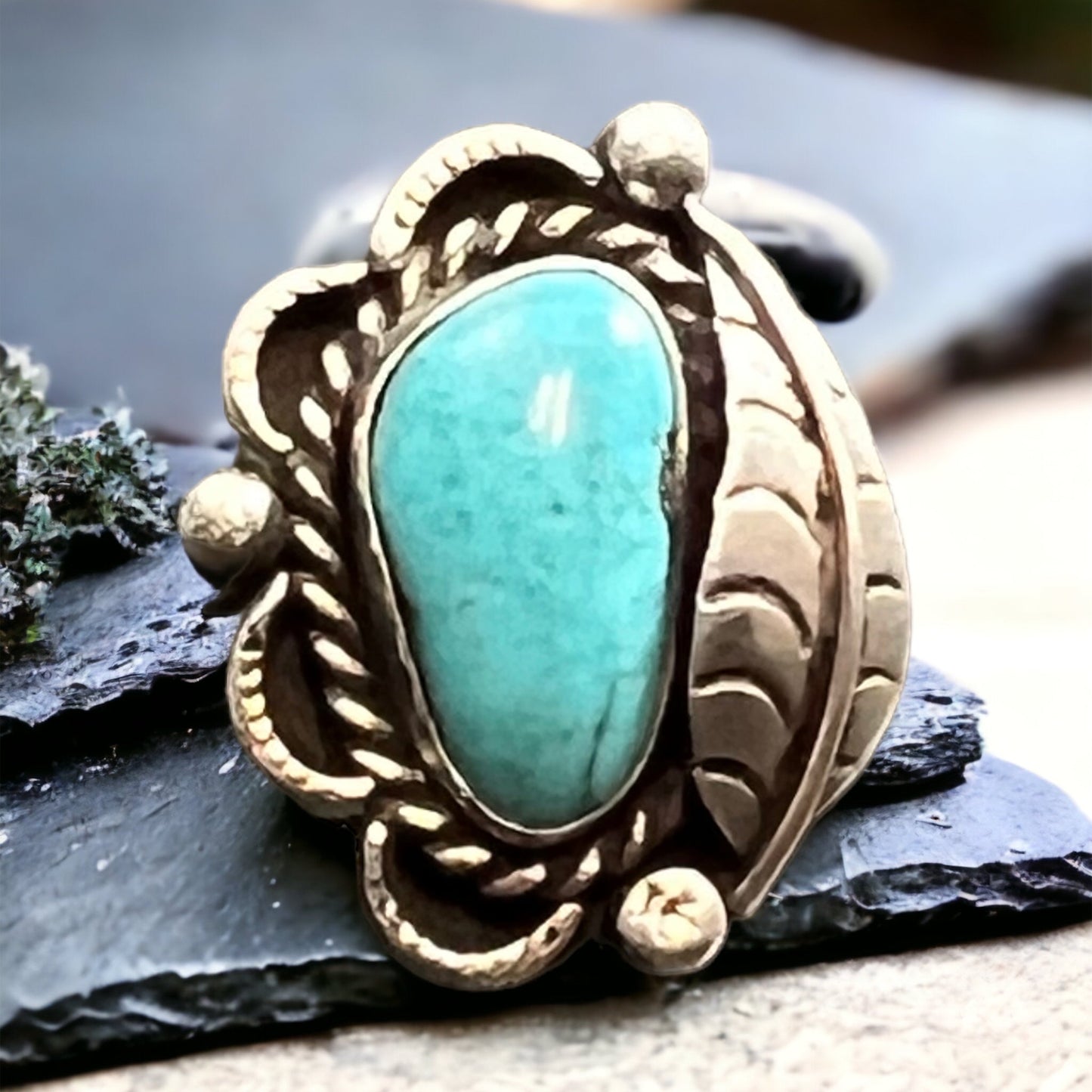 Turquoise ring - Turquoise on hand stamped sterling silver with leaf - Size 7