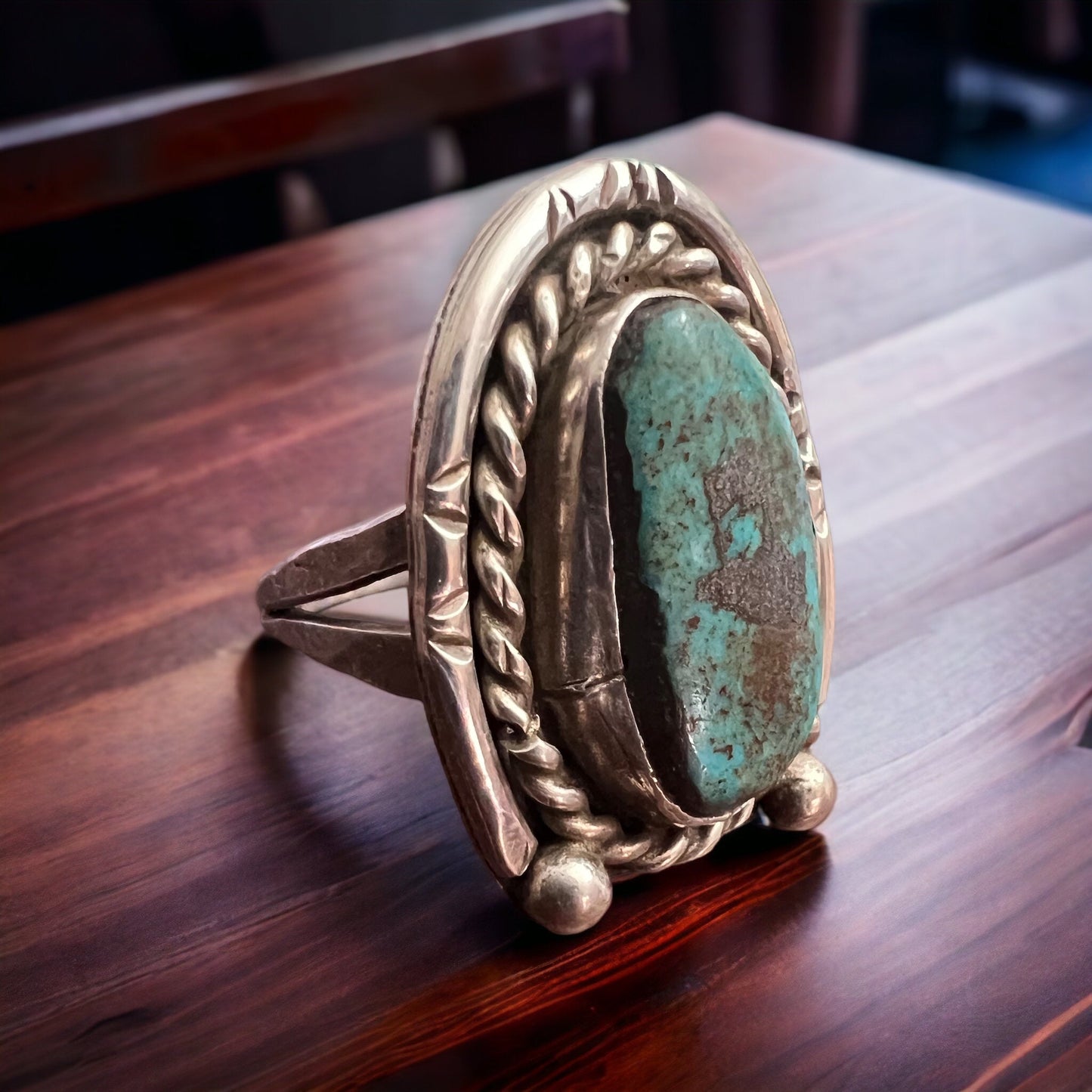Turquoise ring - Turquoise on horseshoe shaped sterling back - size 6