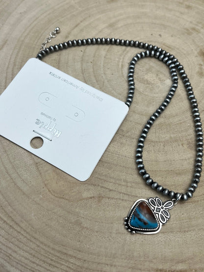 Western Boot Stitch and Faux Turquoise Pendant and 4mm fashion Pearls Necklace - 18 Inch