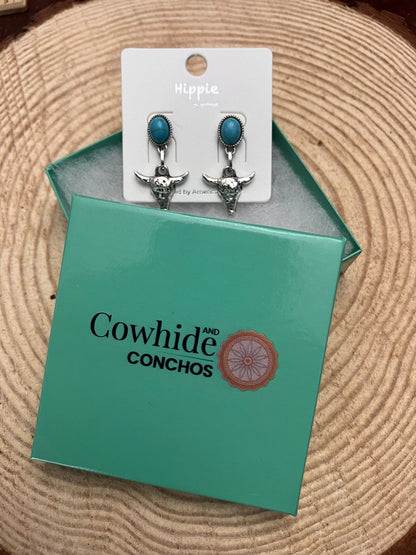 Western Bull Skull Dangle Earrings with Faux Turquoise - 1 1/2 inch drop