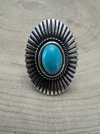 Western Concho and Faux Turquoise Adjustable Ring - Statement Size