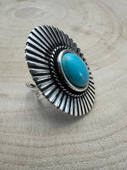 Western Concho and Faux Turquoise Adjustable Ring - Statement Size