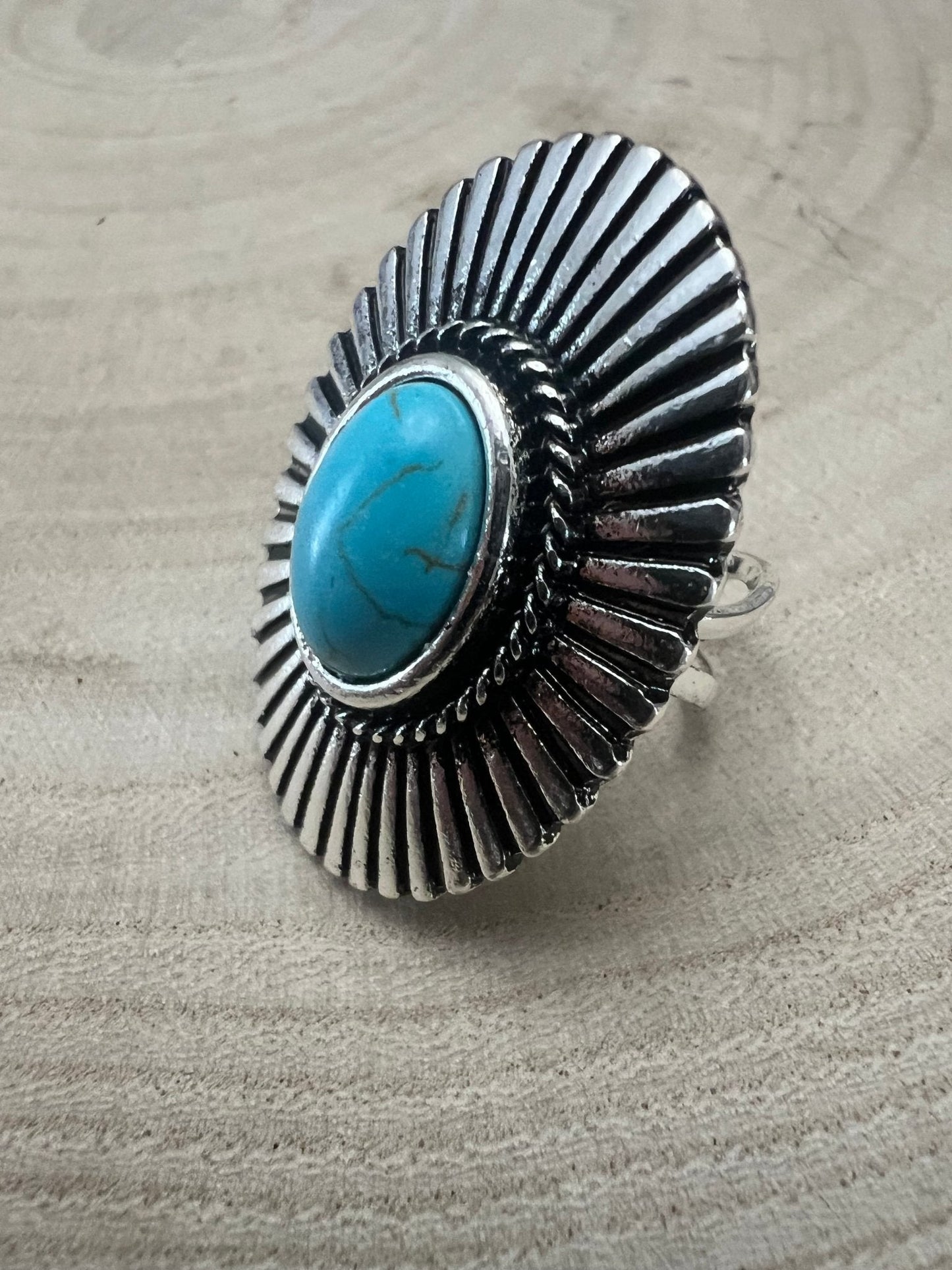 Western Concho and Faux Turquoise Adjustable Ring - Statement Size