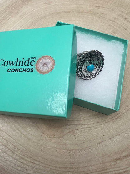 Western Concho and Faux Turquoise Stretch Ring - Statement Size