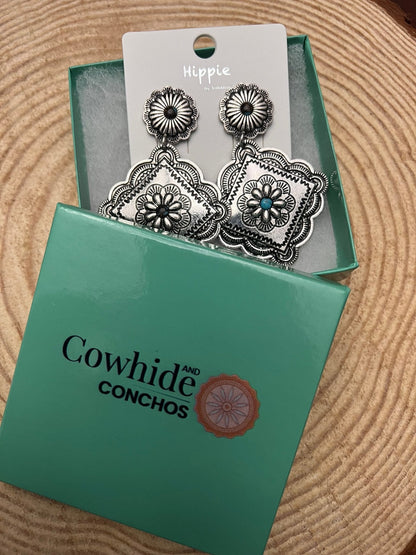 Western Concho Dangle Earrings with multi color stones - 2 1/2 inch drop