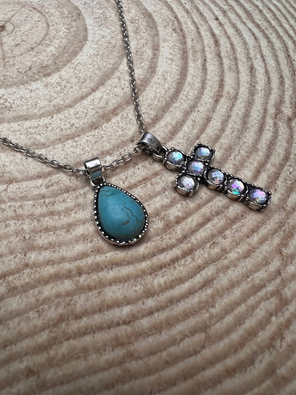 Western Rhinestone Cross & Faux Turquoise Dangle Necklace — 18 Inch with Extender