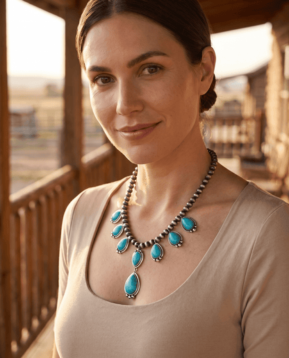 Western Teardrop Faux Turquoise & Faux Sterling Pearl Necklace — 16 Inch Southwestern Pendant