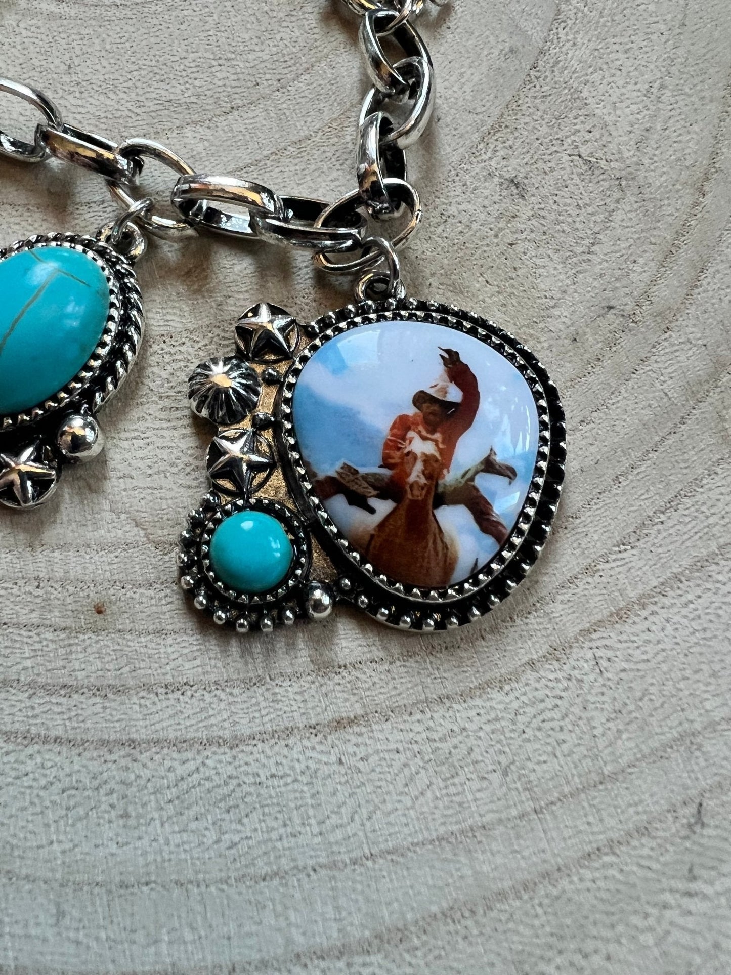 Western Theme Scene and Faux Turquoise Charm Bracelet