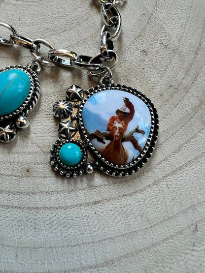 Western Theme Scene and Faux Turquoise Charm Bracelet
