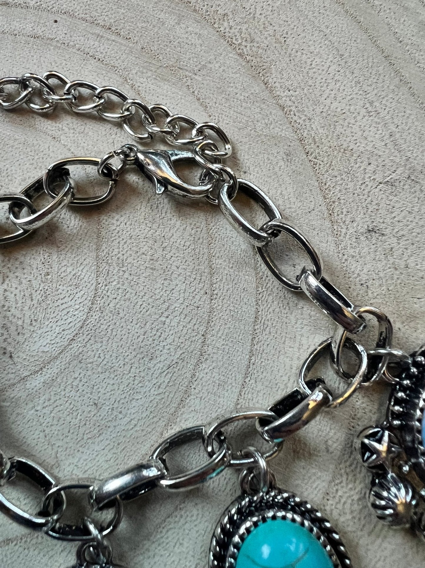 Western Theme Scene and Faux Turquoise Charm Bracelet