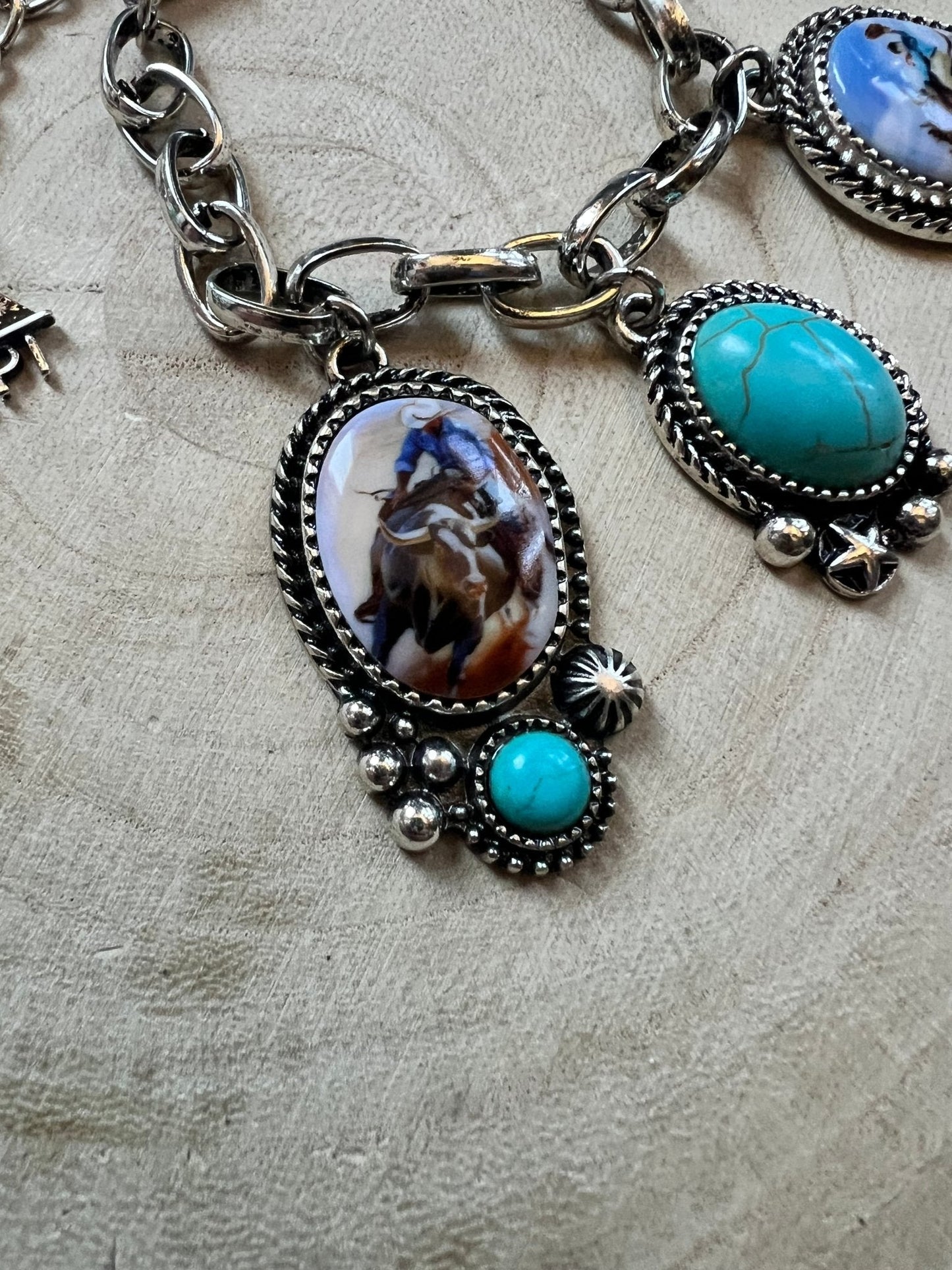 Western Theme Scene and Faux Turquoise Charm Bracelet