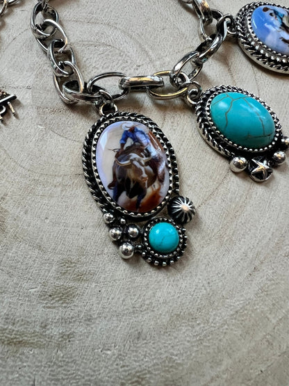 Western Theme Scene and Faux Turquoise Charm Bracelet