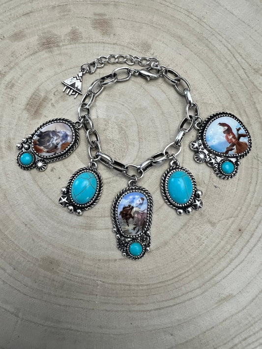 Western Theme Scene and Faux Turquoise Charm Bracelet