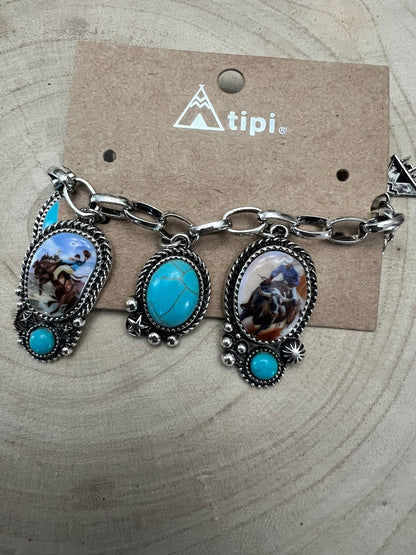 Western Theme Scene and Faux Turquoise Charm Bracelet