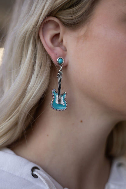 Western Turquoise Guitar Dangle Earrings - 2 inch drop